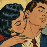 1950's cartoon comic style woman smelling a mans neck