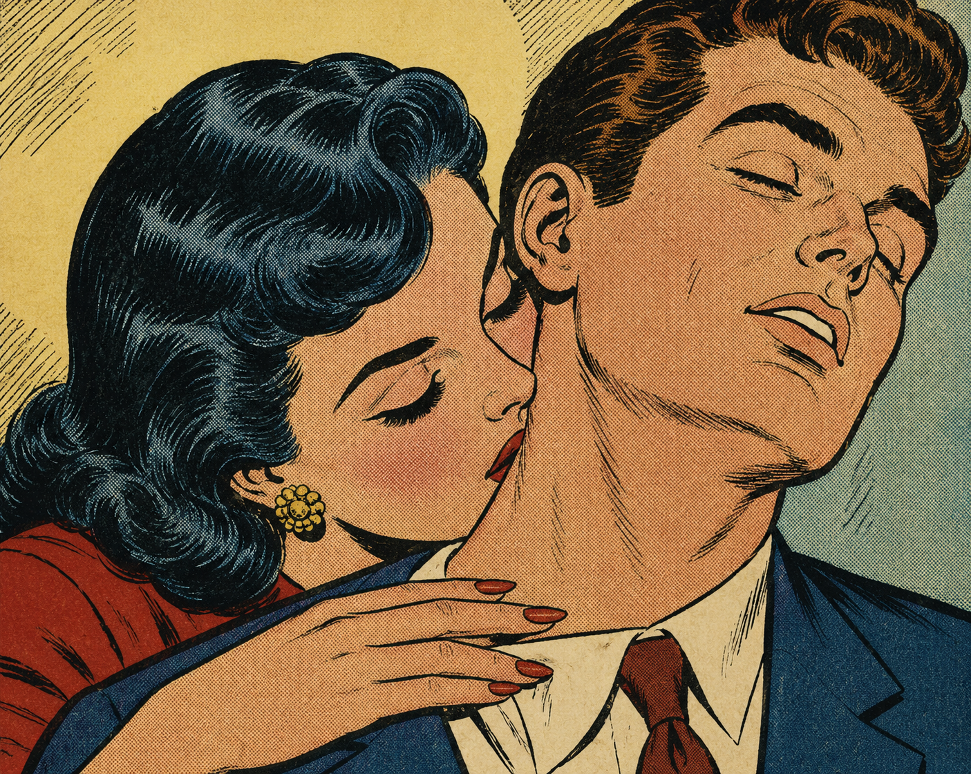 1950's cartoon comic style woman smelling a mans neck