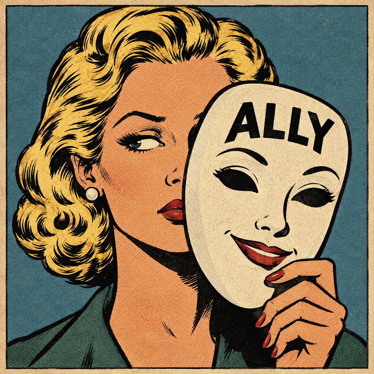 cartoon white woman removing mask that reads ally